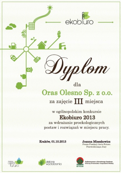 Oraz z nagrodą w konkursie Ekobiuro 2013 BIZNES, Ochrona środowiska - Firma Oras otrzymała nagrodę w konkursie Ekobiuro 2013