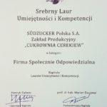 Cukrownia Cerekiew nagrodzona Srebrnym Laurem Umiejętności i Kompetencji