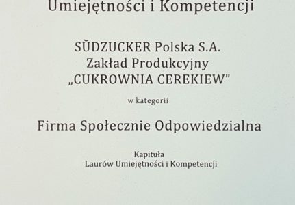 Cukrownia Cerekiew nagrodzona Srebrnym Laurem Umiejętności i Kompetencji