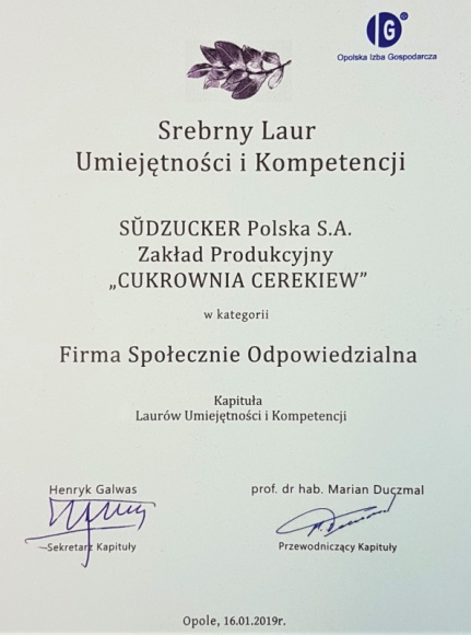 Cukrownia Cerekiew nagrodzona Srebrnym Laurem Umiejętności i Kompetencji